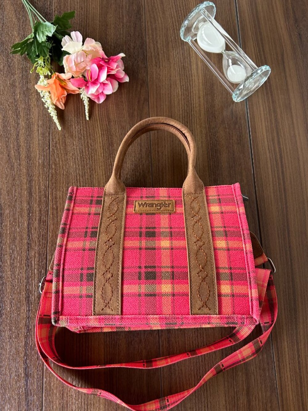 Wrangler Plaid & Brown Western Canvas Tote Crossbody Bag
